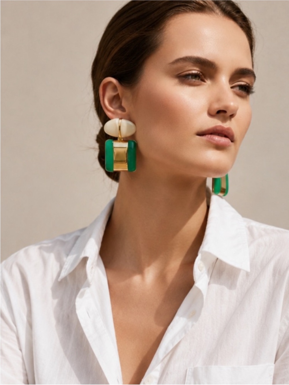 Gold and Green Drop Earrings with Cream Top - Picture 2 of 2